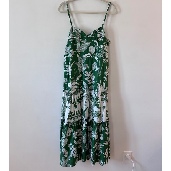 Farm Rio Forest Soul Mix Green White Tropical Leaf Print Tiered Mid Dress Large - Picture 4 of 11
